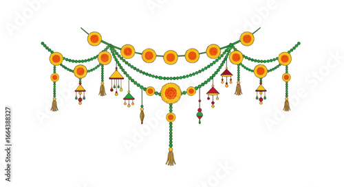 Ornate Indian decorative hanging garland, colorful vector line art design