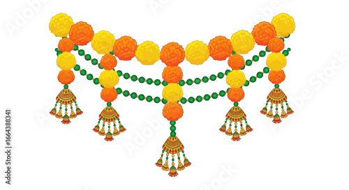 Festive floral garland arrangement with decorative tassels for indian