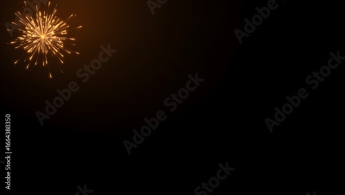 Cinematic deep black gradient background with glowing golden firework in top left corner, copy space