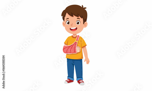 Vector Young Boy with Broken Arm in Sling - Cartoon Illustration