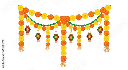Festive hanging decoration featuring marigolds and lanterns for celebration