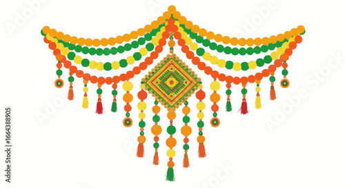 Colorful toran with hanging tassels, festive garlands for decoration backdrop