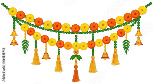 Floral and beaded festive garland, colorful tassels and small golden bells