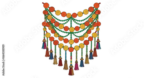 Stylized decorative hanging of circular forms with tassles and a vivid palette