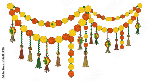 Ornate festive decoration illustration featuring vibrant garlands and tassels