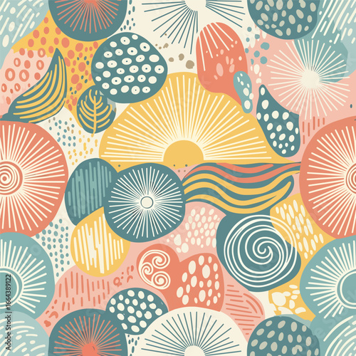 Seamless Pattern, Playful abstract pattern with organic shapes and radiating lines in pastel hues Stock royalty free