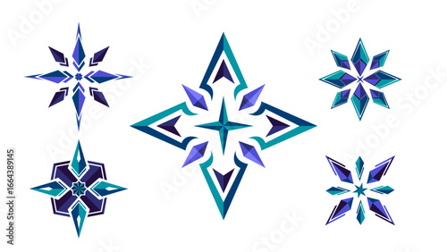 Set of snowflakes, compass vector design, Floral shape with Emerald colors