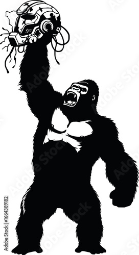 A powerful gorilla triumphantly holds aloft a futuristic helmet, symbolizing strength and technological conquest.