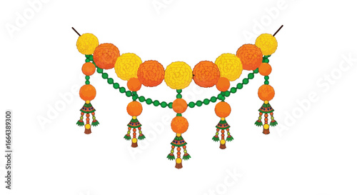 Festive toran garland adorned with vibrant marigold and bead embellishments