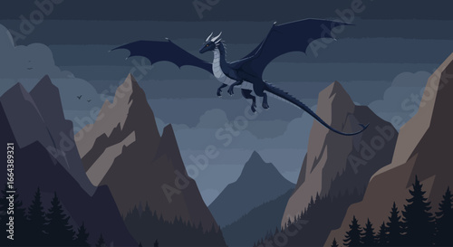 Mythical dragon soaring through a dusky mountain valley