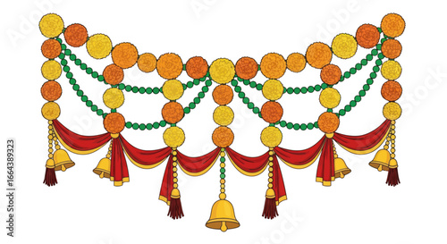 Festive indian decoration with marigolds garlands and golden bells design