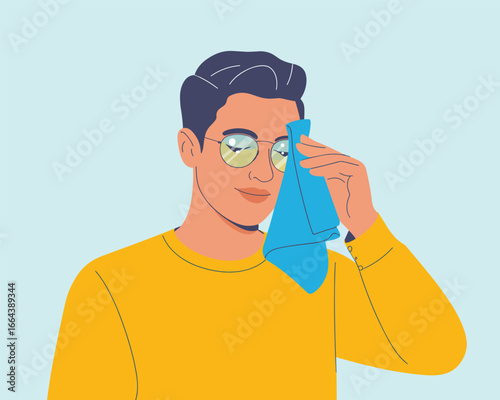 Man wiping glasses with a blue cloth, vector illustration