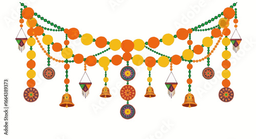 Vibrant indian toran decoration design with bells and beaded garlands isolated