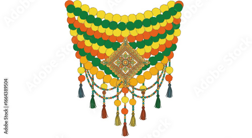 Festive garland adornment with vivid spheres and embellished ornamental piece