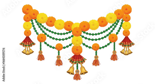 Traditional indian decoration with marigold flowers, beads, and tassels