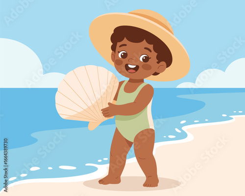 Cheerful flat vector illustration A happy child in a sun hat and swimsuit, joyfully holding a large seashell on a sunny beach by the blue ocean