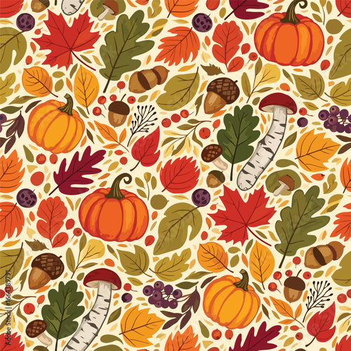 Seamless Pattern, Autumn harvest pattern featuring pumpkins, leaves, acorns, and mushrooms illustration Stock royalty free