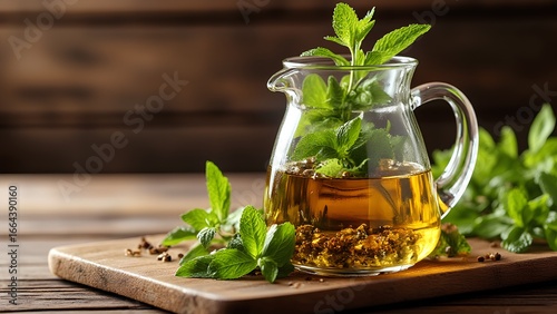 A glass pitcher filled with herbal tea and fresh mint leaves, displayed on a wooden cutting board, creating a warm and inviting atmosphere.