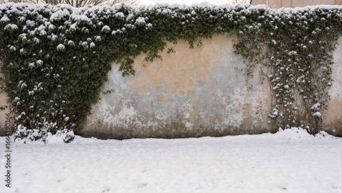 Snow Covered Ivy on Weathered Concrete Wall Winter Urban Nature Rustic Scene