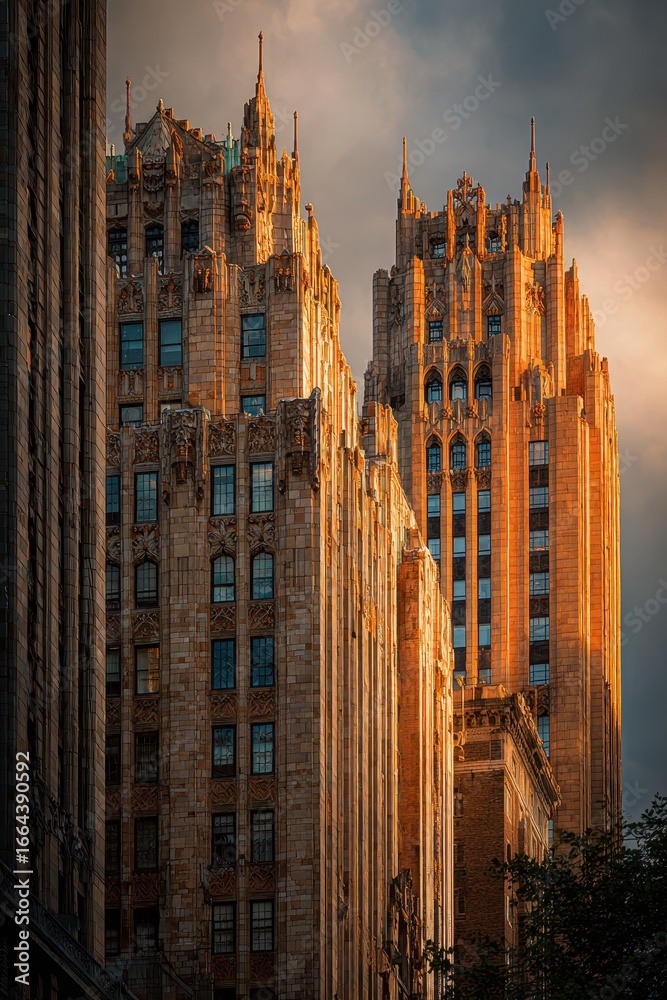 Fototapeta premium Ornate Skyscrapers at Sunset, Architectural Details and Warm Light, Urban Landscape