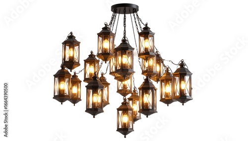 A large, multifaceted chandelier with numerous lantern-shaped lights.  Dark metal framing, clear glass, and warm-toned bulbs