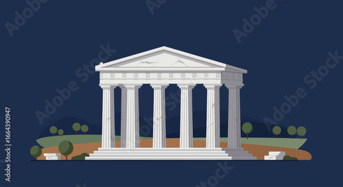 Ancient Greek Temple Illustration with Columns and Landscape