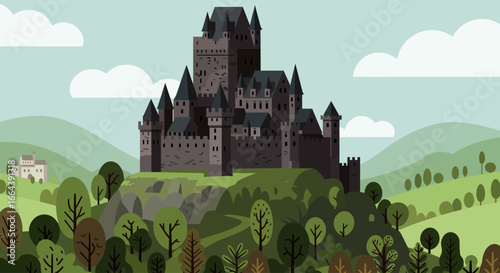 Ancient European Castle on a Hilltop Surrounded by Lush Greenery