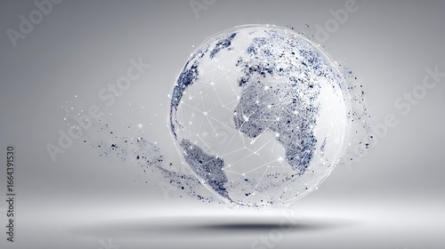 Abstract digital globe composed of fragmented particles and connected network lines, symbolizing global communication, technology, and data innovation