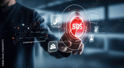 A person touching a digital sos button with connected icons in a futuristic interface design