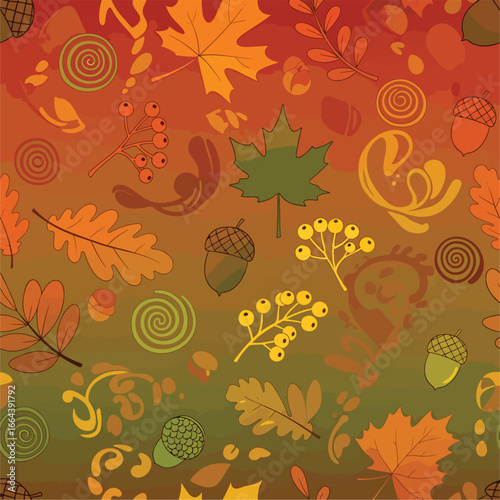 Seamless Pattern, Autumn themed seamless pattern with leaves, acorns and berries illustration Stock royalty free