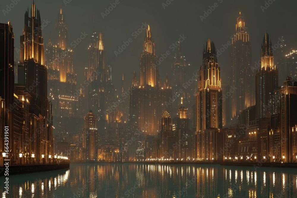 Obraz premium Futuristic Cityscape at Night with Golden Lights Reflecting on Water, Dark Sky