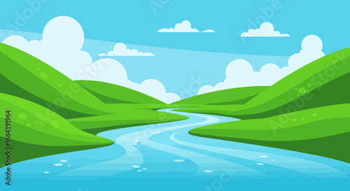 Serene River Valley Landscape Illustration