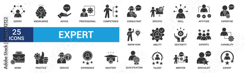 Expert icon set. Containing advice, competence, expertise, knowledge, skill, specialist, experience and more. Glyph vector icons collection.
