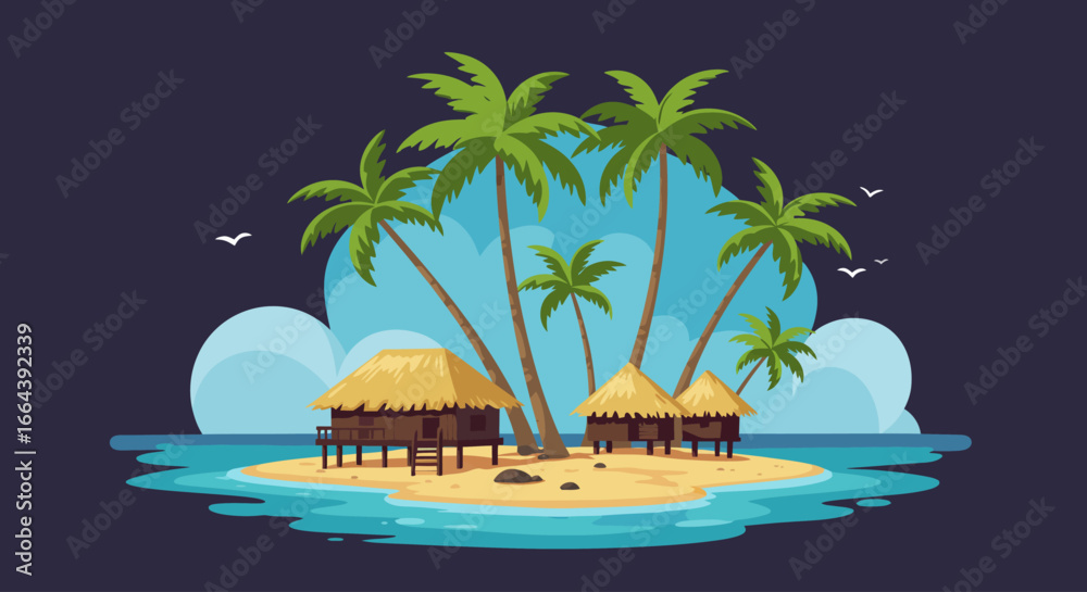 Obraz premium Tropical Island Paradise with Palm Trees and Huts Illustration