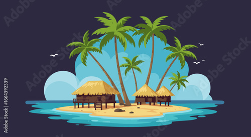 Tropical Island Paradise with Palm Trees and Huts Illustration