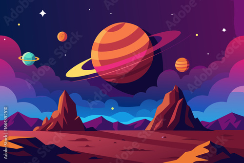 Vibrant alien planet landscape with ringed gas giant and colorful nebula clouds