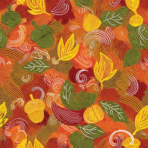 Seamless Pattern, Autumnal dot pattern features leaves and acorns in warm colors and swirls Stock royalty free image.