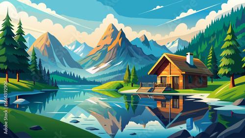 Traditional wooden mountain hut rests peacefully near Mooserboden reservoir lakes, alpine peaks rising proudly, Salzburg Land’s majestic scenery unfolds timelessly, shimmering reflections glow, nature