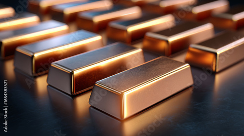 Golden copper bars arranged in rows reflecting light symbolize wealth and global copper market dynamic value and demand