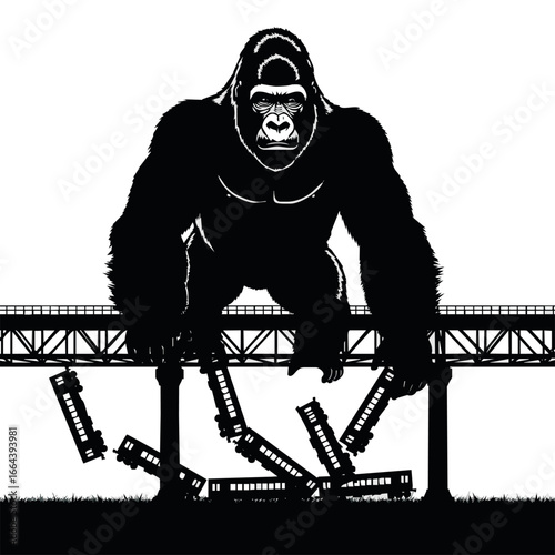 Angry gorilla on a bridge, destroying trains.