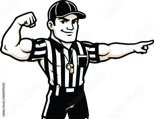Cartoon referee in uniform flexing arm and pointing to the right, showing authority.