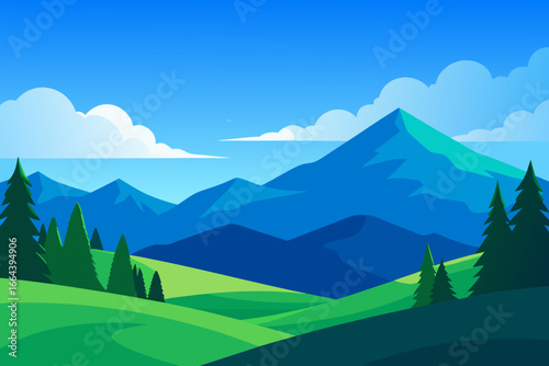 Vibrant flat design landscape with rolling green hills and blue mountains