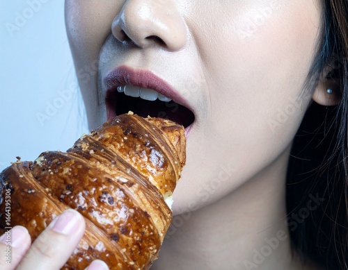 An eastern-featured woman lifts a brioche to her lips, taking a soft bite with a calm, quiet joy. The scene feels warm and intimate, capturing a gentle pleasure in taste and a soft moment of presence.