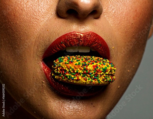 Close-up digital portrait of a woman biting a cookie. Only chin, mouth, and full lips visible. Cool studio lighting shapes texture and quiet sensuality, emphasizing soft intimacy and refined presence.