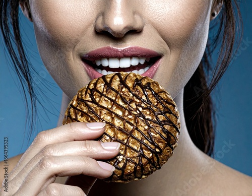 A smiling woman brings a cookie to her lips, joy soft and genuine. The moment feels light, warm, and simple, as if sweetness could pause time. A quiet pleasure, captured in a single gentle bite softly