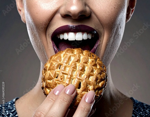 Digital portrait of a smiling woman eating a pastry. The image focuses on her joyful smile and the gesture of bringing the pastry to her mouth. Warm studio lighting enhances texture and cheerful mood.