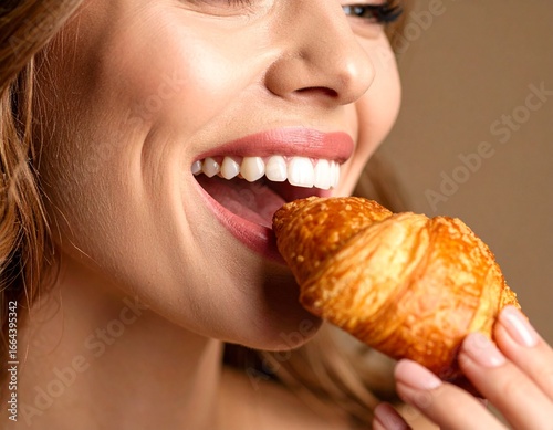 Digital portrait of a smiling woman eating a pastry. The image focuses on her joyful smile and the gesture of bringing the pastry to her mouth. Warm studio lighting enhances texture and cheerful mood.