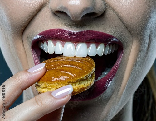 Digital portrait of a smiling woman eating a pastry. The image focuses on her joyful smile and the gesture of bringing the pastry to her mouth. Warm studio lighting enhances texture and cheerful mood.