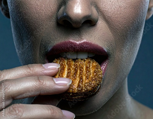 Close-up digital portrait of a woman biting a cookie. Only chin, mouth, and full lips visible. Cool studio lighting shapes texture and quiet sensuality, emphasizing soft intimacy and refined presence.