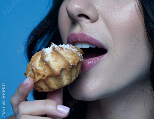 A digital image shows a woman bringing a pastry to her lips with her fingers. The tone is cool, the moment calm and subtle. Texture, touch, and taste meet in a quiet, intimate pause softly now gently.